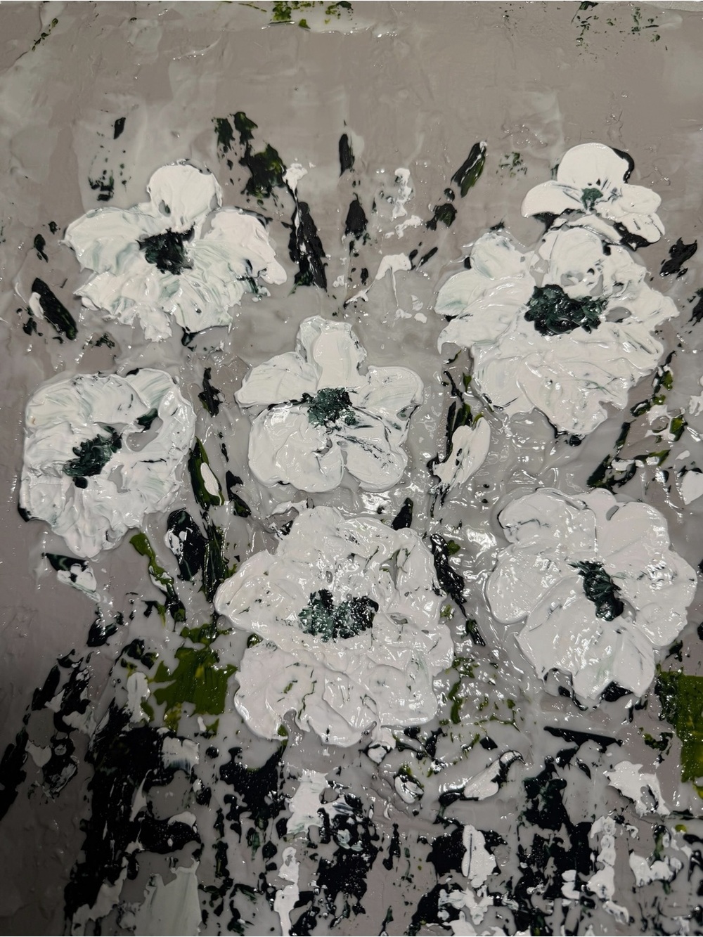 Original Artwork Blooms Textured White with Dark Green on Gray 16 x 20" - Picture 6 of 16